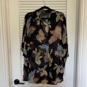 Lulu's Black Sheer Button-Up Shirt Dress with Pastel Tropical Print